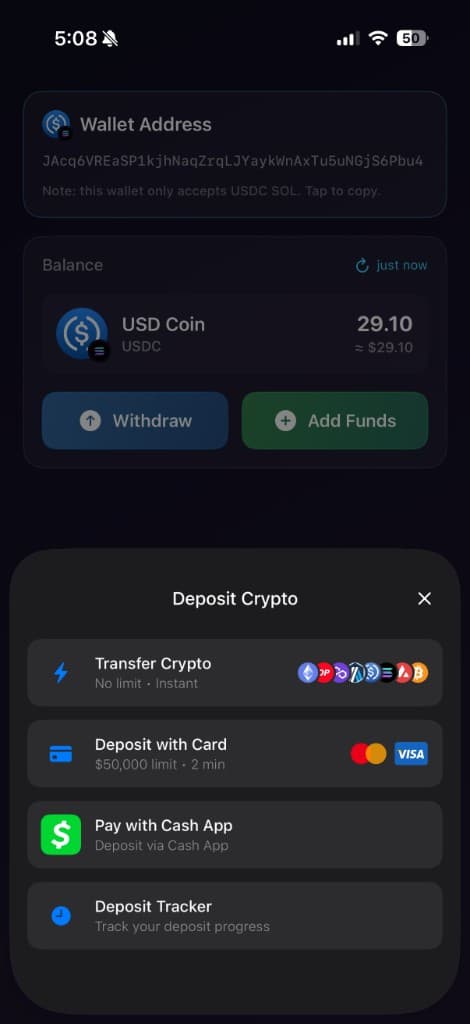 Deposit flow in a prediction market app